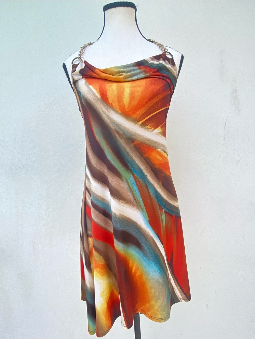 Y2K S-Twelve Red Multicolor Abstract Chain Halter Mini Dress Size Small